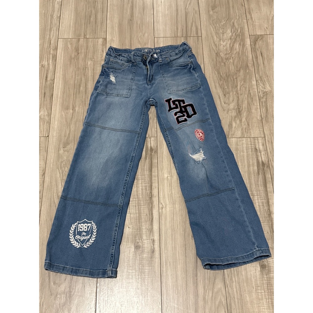 Limited Too Girls Wide Leg Jeans Medium Wash Varsity Patches Distressed Size 14